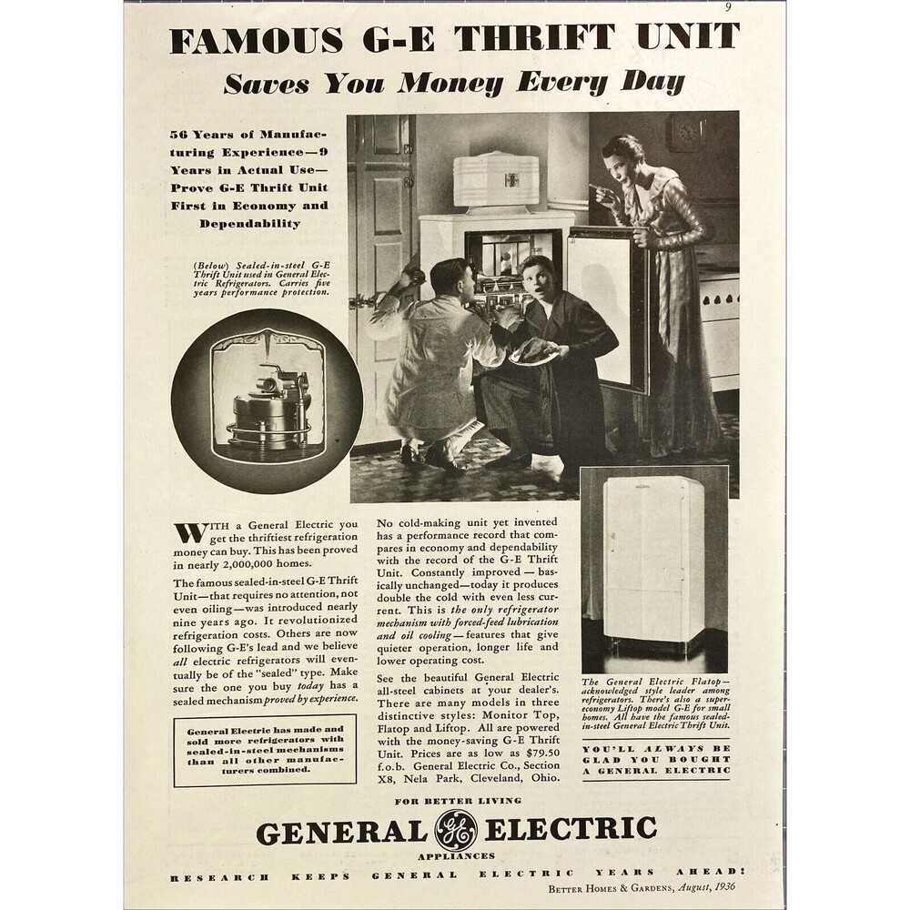 General Electric Appliances "Famous G-E Thrift Unit Refrigerator" Print Ad 1936
